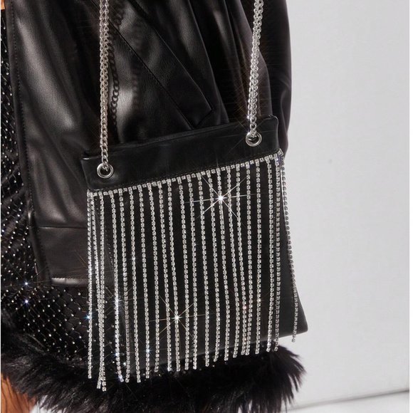 Black Shiny Glitter Bling Rhinestone Vegan Leather Shoulder Bag - Picture 3 of 9